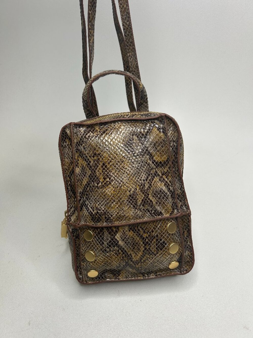 HAMMITT Mini Backpack in Brown Snakeskin Print with Gold Studs
